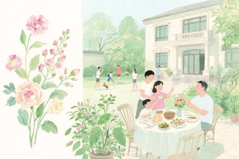 家庭庭院聚会插画