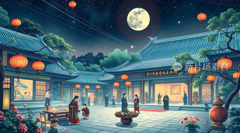 古风庭院夜色灯笼满月