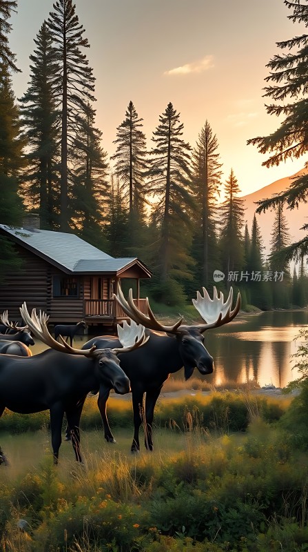 湖畔木屋下的麋鹿群