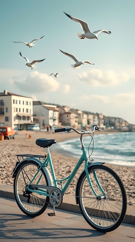 海鸥飞翔下的海边自行车