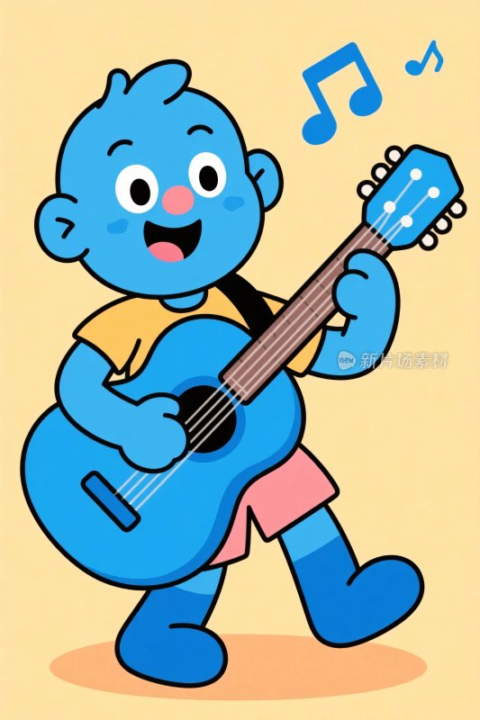 蓝色卡通角色弹吉他插画