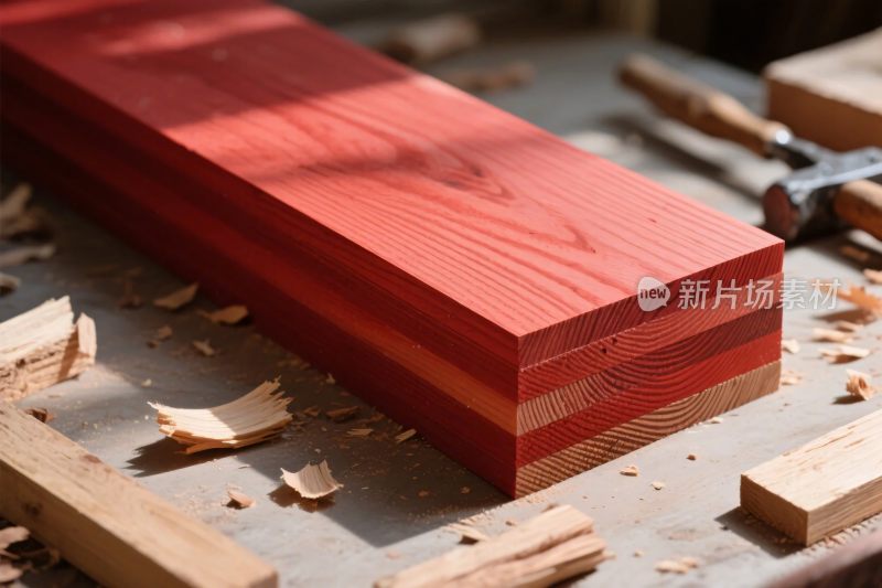 木工场景的木质木板与工具