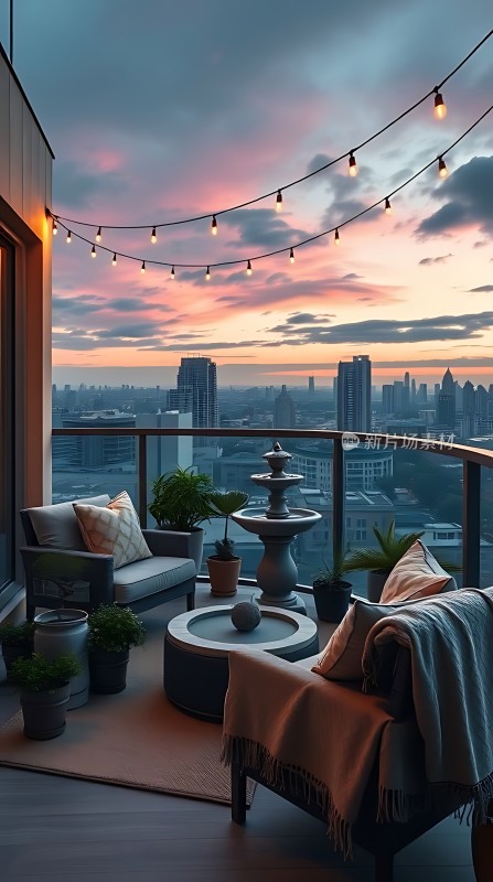 城市天际线下的温馨阳台夜景