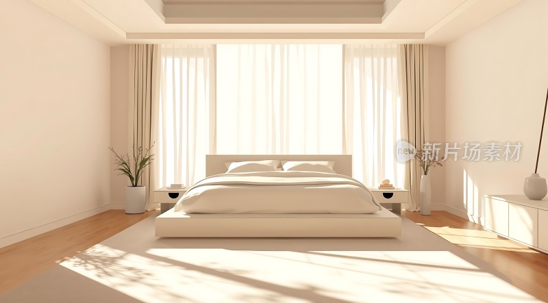 阳光洒满现代简约卧室白色床铺与自然光和谐共舞