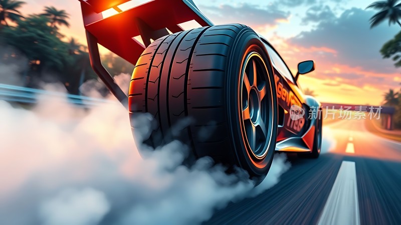 疾驰赛车轮胎卷起尘土夕阳下的速度与激情