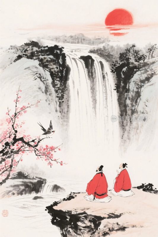 山水瀑布古风插画