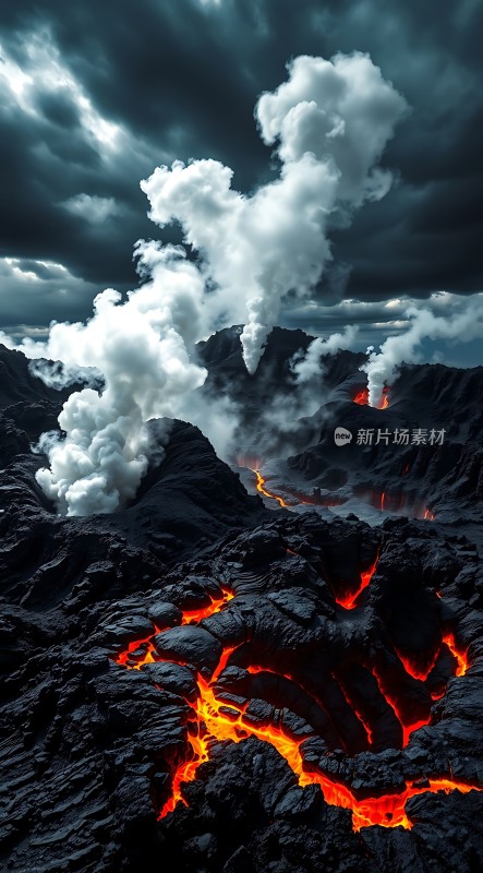 熔岩涌动云雾缭绕的山脉