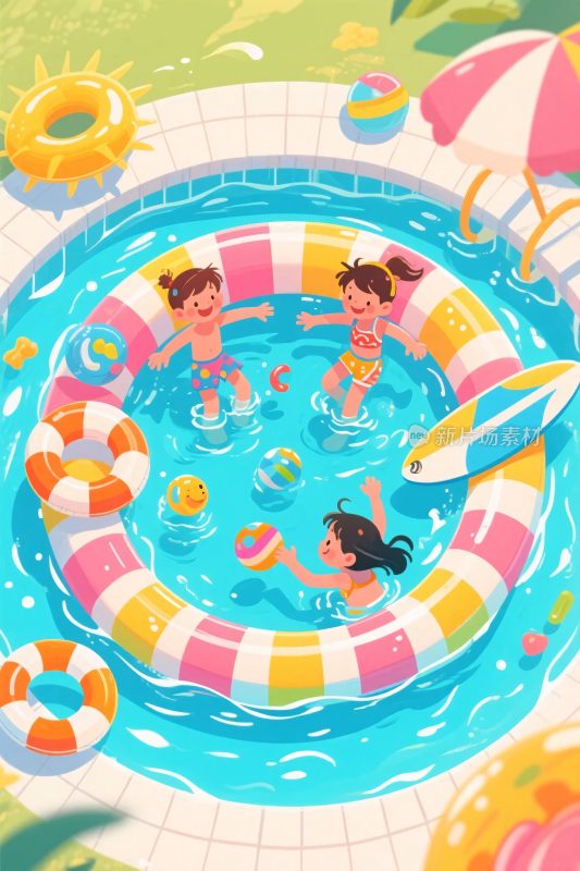 夏日泳池卡通插画