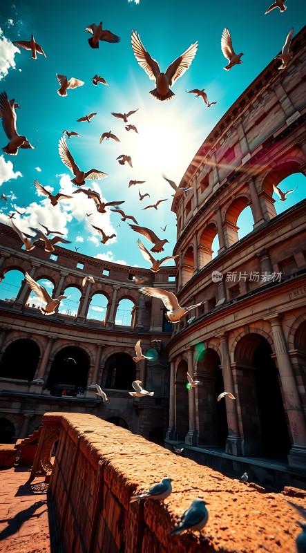阳光下的斗兽场与飞翔的白鸽