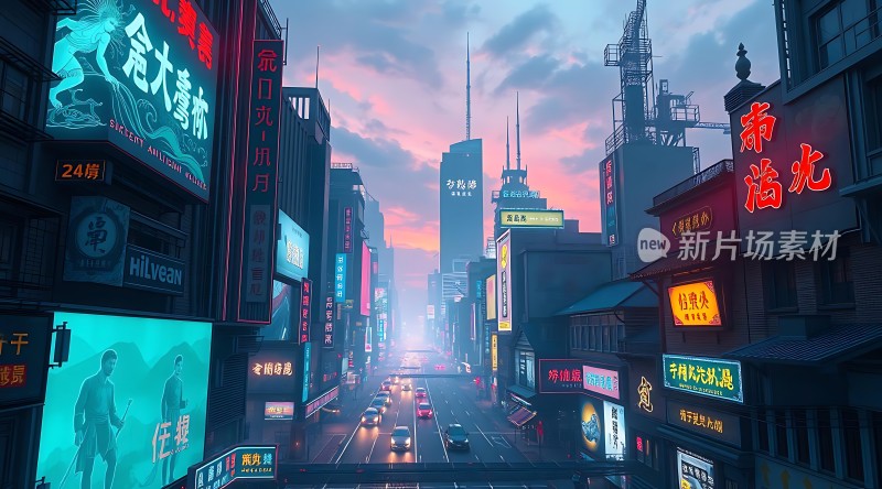 霓虹闪烁的未来都市夜景