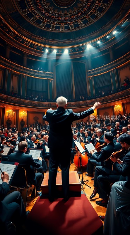 指挥家引领交响乐团乐手们专注演奏观众沉浸其中