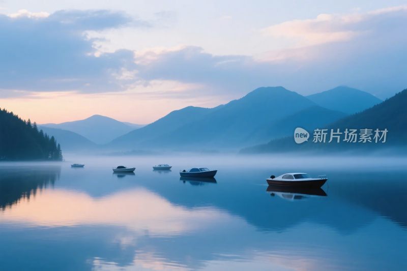 湖面上的船只与山间晨曦美景
