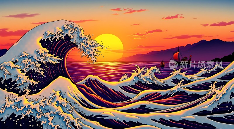 夕阳下的海浪与帆船