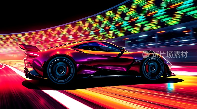 赛车疾驰在霓虹灯光下的赛道上