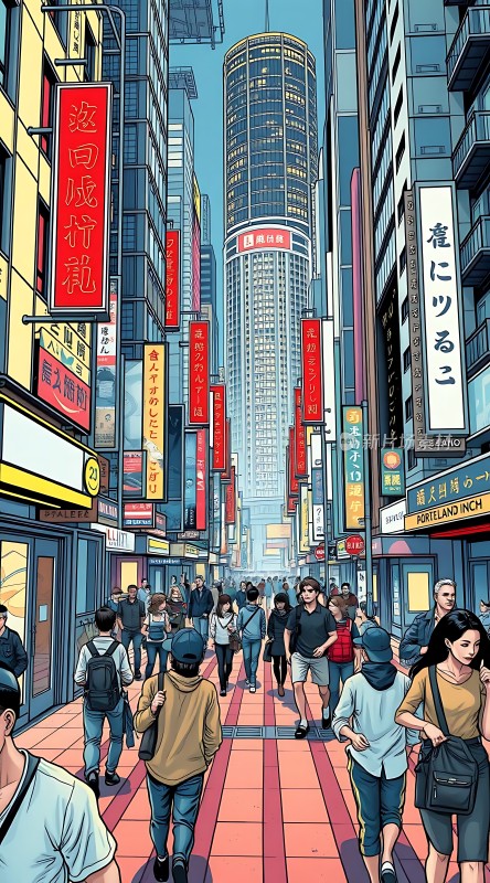 繁华都市街头人群熙攘高楼林立霓虹闪烁