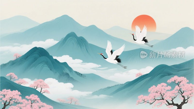 山水间双鹤伴日飞翔图景