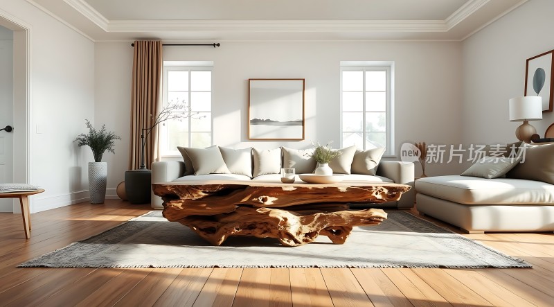 现代简约客厅自然木制茶几舒适沙发温馨生活空间