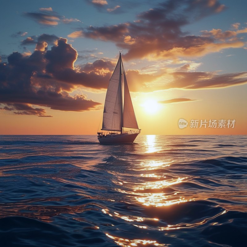 夕阳帆影映海面