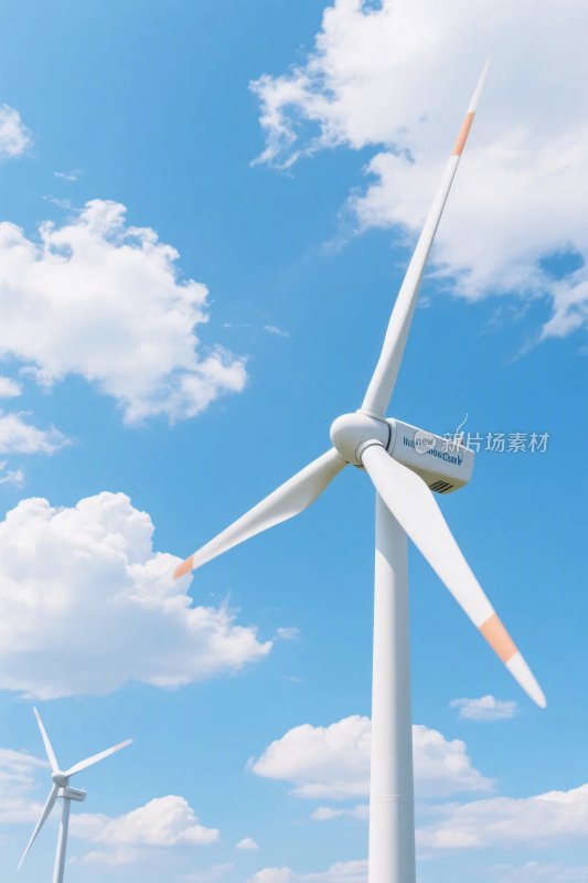 蓝天白云下的风力发电机