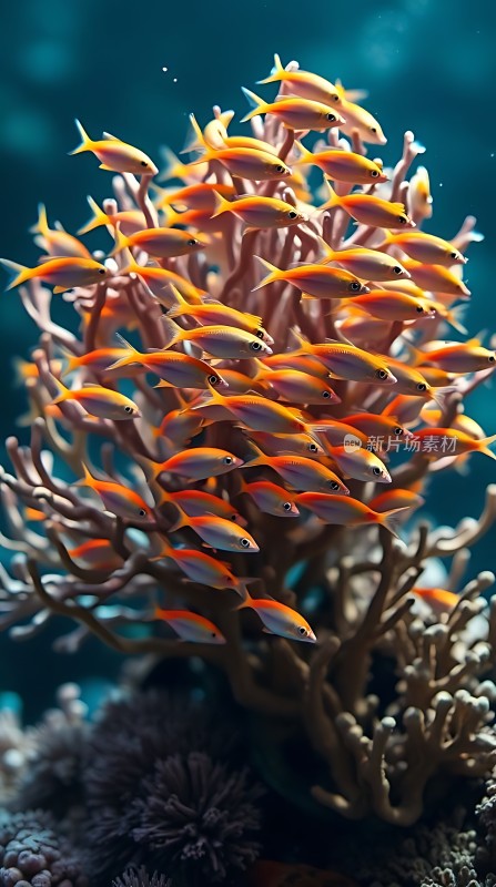 珊瑚丛中游动的火红鱼群