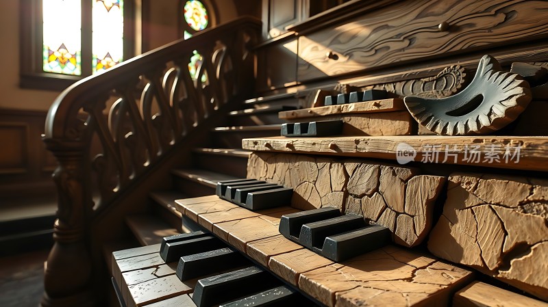 阳光下的古老钢琴与楼梯