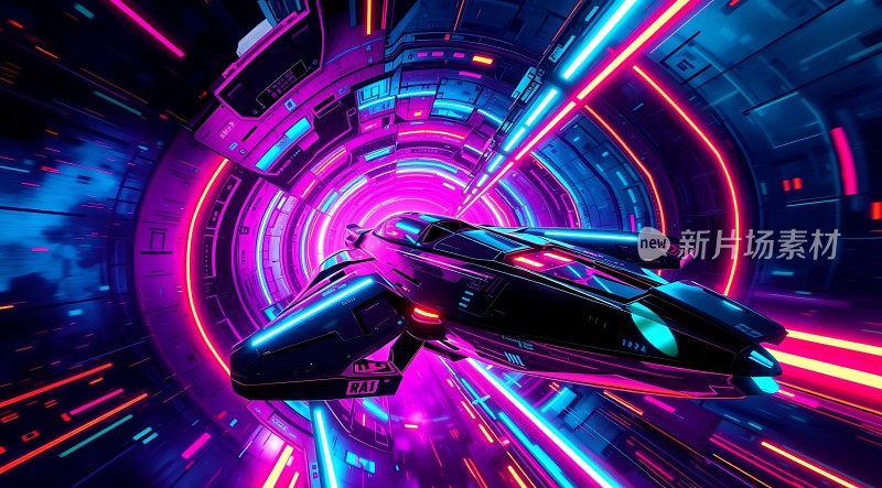 未来飞船穿越霓虹隧道