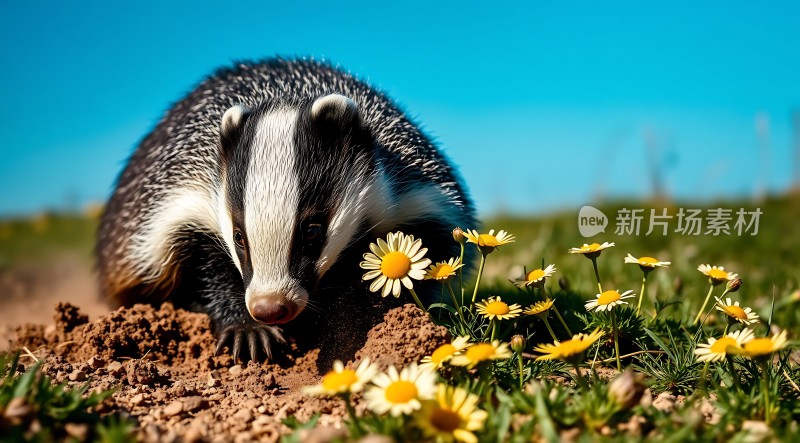 黑白相间的小动物在黄色花朵中探出头