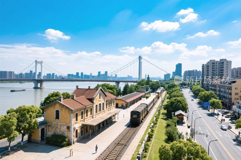 滨水铁路城市风光