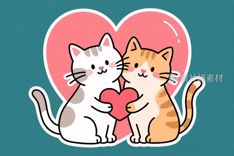 两只猫咪抱爱心插画