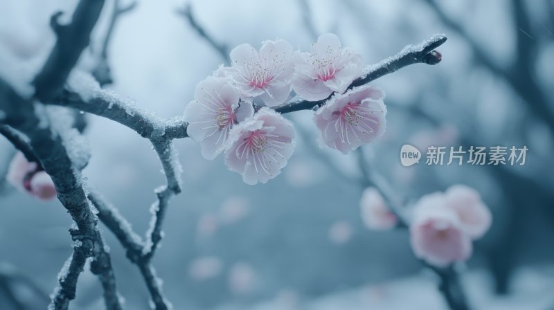 冬天树枝花朵冬季雪景飘雪寒梅