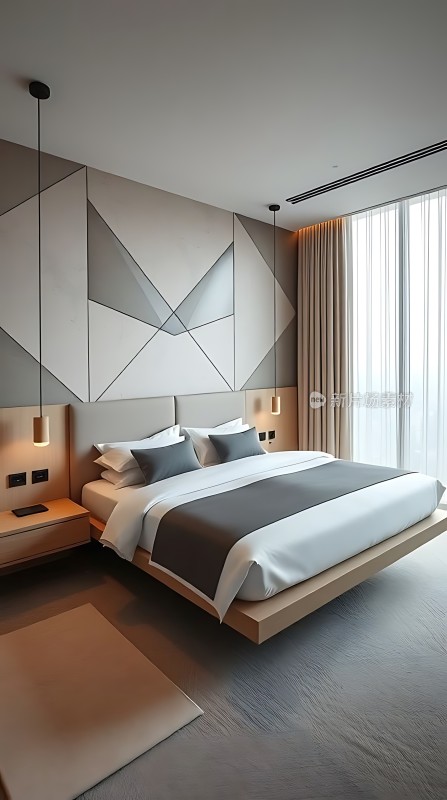 现代简约卧室设计几何图案墙面舒适床铺温馨氛围