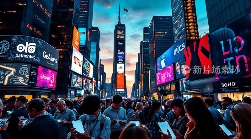 繁华都市夜幕降临人群熙攘电子屏幕闪烁