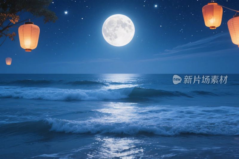 夜晚海景满月灯笼