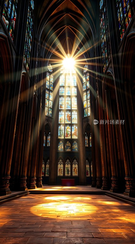 阳光洒满教堂内部彩色玻璃窗透出神圣光芒
