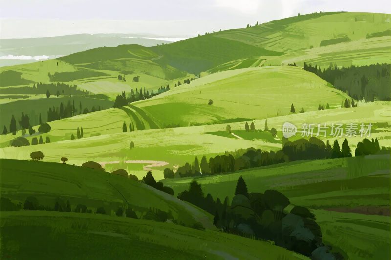 青绿山水风景插画