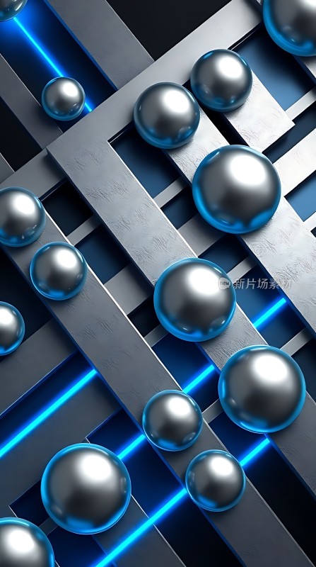 科技感十足金属球与蓝色光束交织的艺术画面