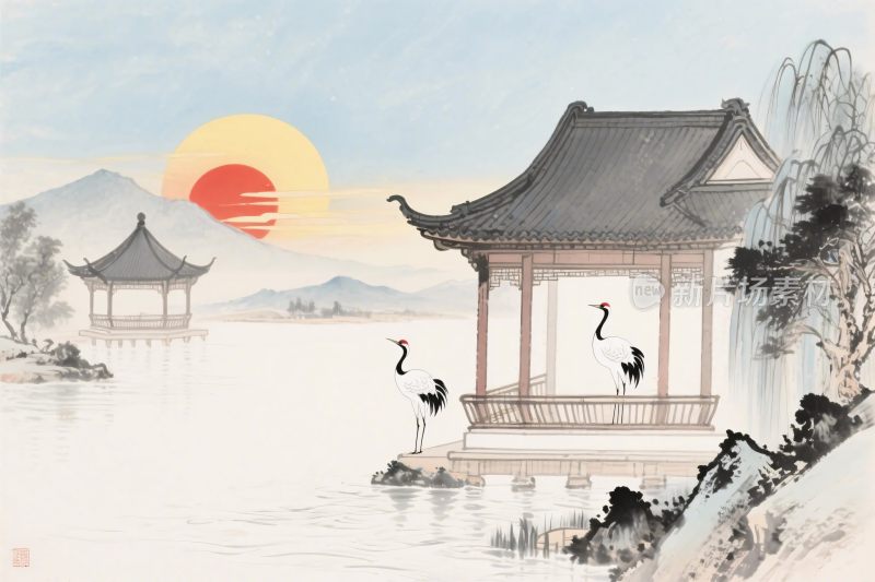 水墨山水古亭鹤景