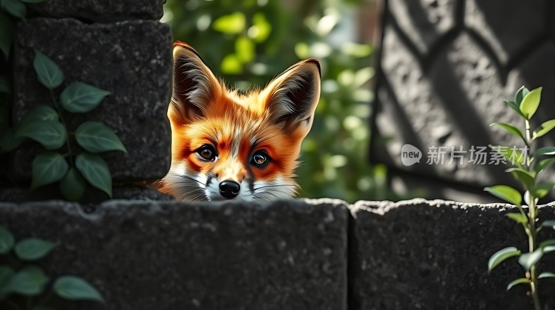 墙后探出头的小狐狸