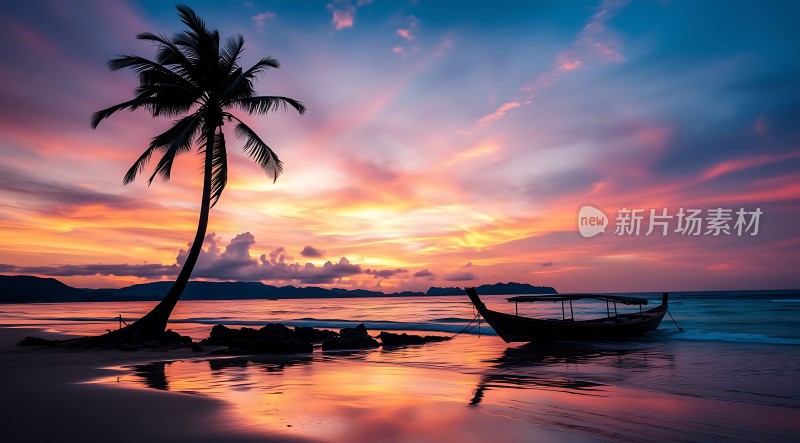 椰林晚霞映碧波