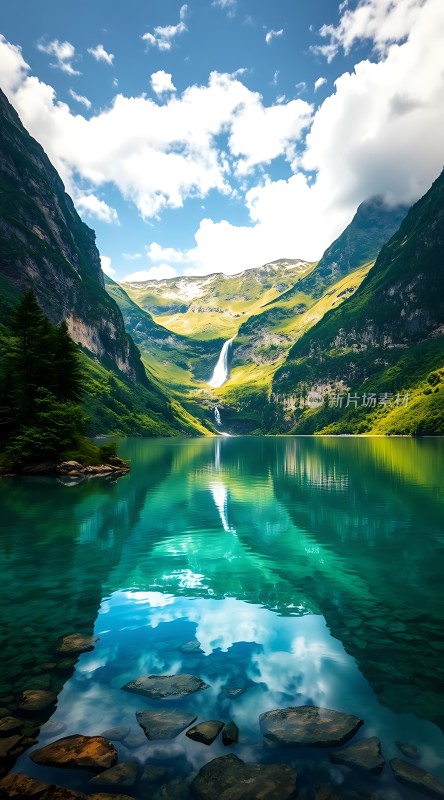 碧波荡漾群山环绕瀑布飞流直下