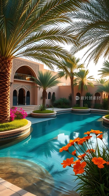 阳光下的热带风情泳池