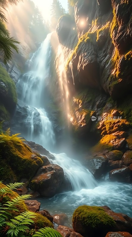 阳光下的瀑布与岩石