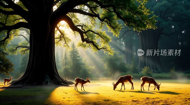 阳光下的鹿群与古树