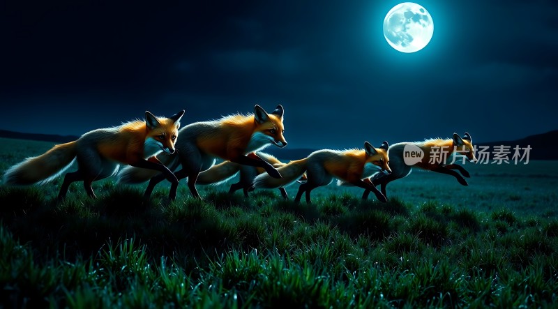 四只狐狸在月光下奔跑