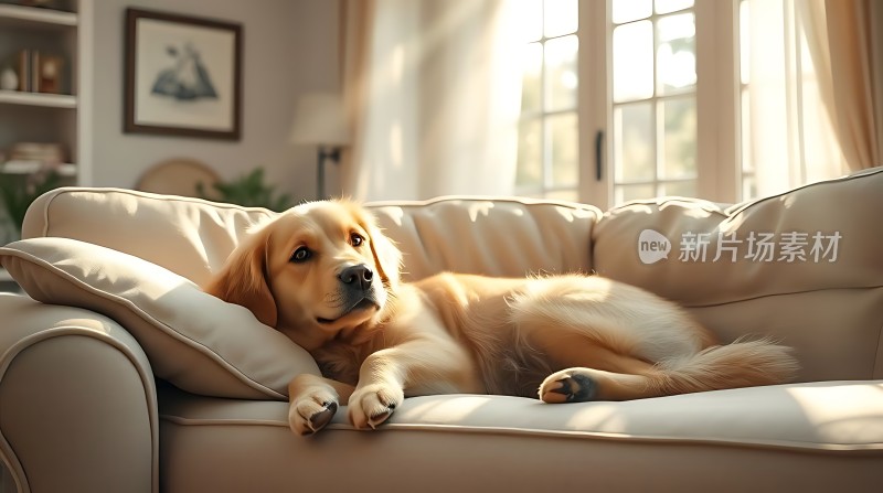 阳光下的金毛犬慵懒趴在沙发上
