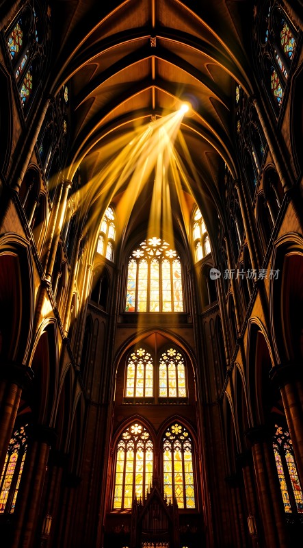 阳光洒满教堂内部彩色玻璃窗透出温暖光芒