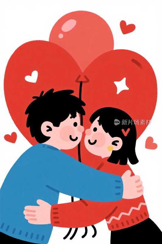 情侣拥抱爱心气球插画