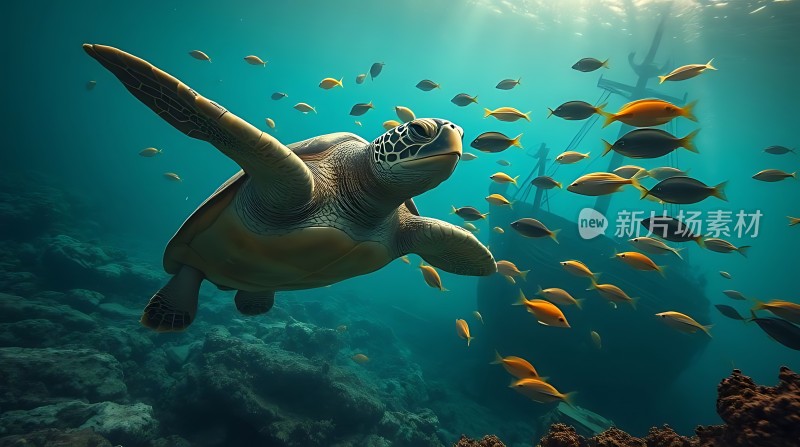海龟与鱼群共舞水下世界