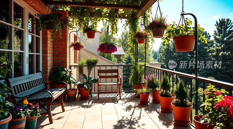 阳光下的阳台绿意盎然