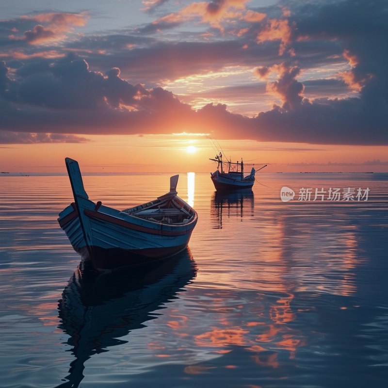 渔船晚霞映海面